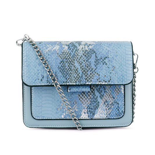 AquaScales LuxeSling Bag: Dazzling Blue Reptile Texture PU with Sparkling Detail, Dual Compartment & Detachable Silver Chain - Your Ultimate Spring Accessor