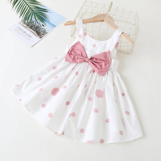 Baby Girls Polka Dot Pattern Sleeveless Round Collar Dress With Bow