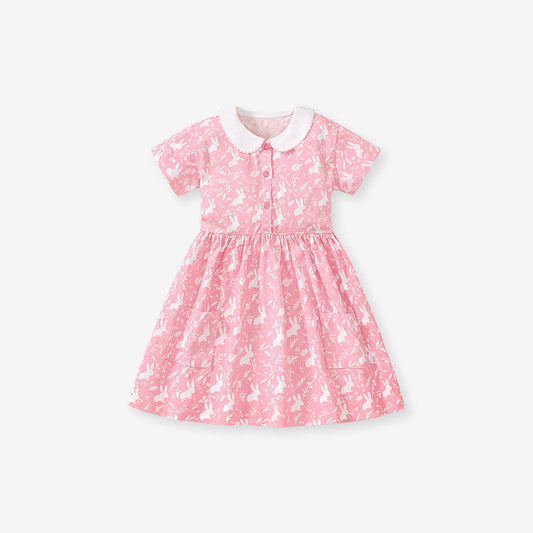 Baby Kids Girls Pink Short Sleeves Dress With Rabbits And Flowers